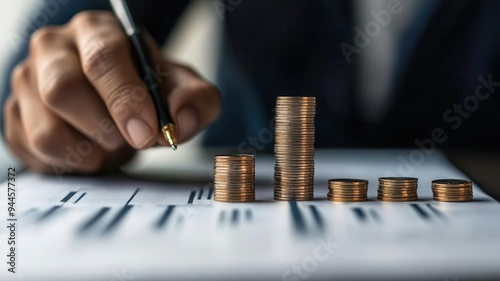 Banker analyzing financial data on customer deposits and withdrawals with a stack of coins nearby, symbolizing banking operations, money management, and financial analysis