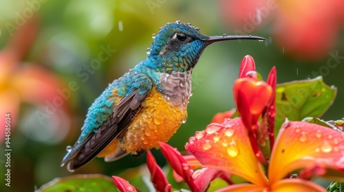 Colorful hummingbird perched among vibrant flowers in tropical rainforest