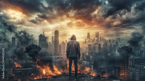 A lone man in a hooded jacket overlooks a city engulfed in flames and smoke, with a dramatic apocalyptic sky above..