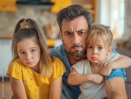 Dad and two daughters are in a big argument, father and daughter dynamic, family disputes, parenting advice, parenting gone wrong, angry, upset, grumpy. Themes of family problems.