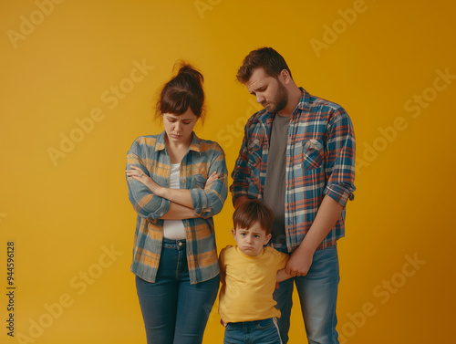 a mother, father and child are not able to resolve their problems, parenting issues and tips, help with anger, resentment, trauma, on yellow background of childhood psychology parenting marriage