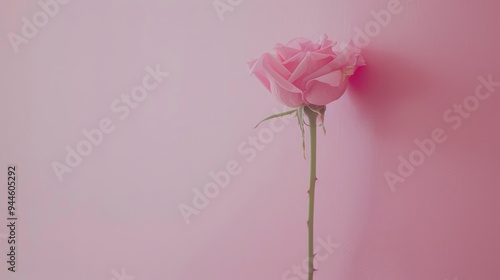 A delicate single pink rose with a long stem leans against a soft pink wall, creating a simple and elegant composition.