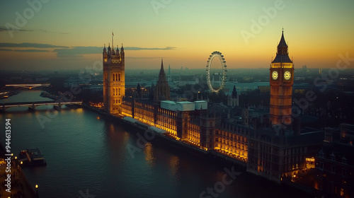 London eye and big ben lighting up at twilight above river thames