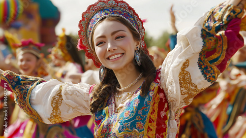 Beautiful woman in traditional russian costume dancing with group outdoors