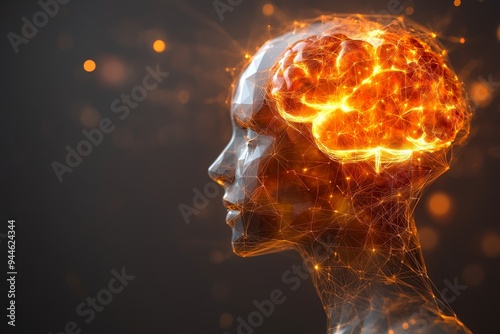 Futuristic digital art of a human profile with a glowing orange brain symbolizing the fiery energy of thought creativity and innovation in a rapidly evolving world