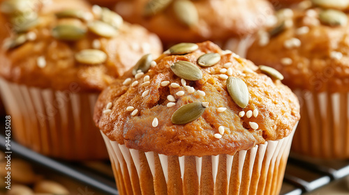 Freshly baked pumpkin muffins cooling on rack