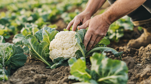 Farmer harvesting organic cauliflower in field