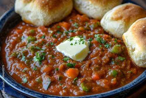 Spicy and vibrant Pav Bhaji served with golden, crisp bread rolls and a dollop of butter, capturing the essence of Indian street food.