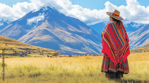 Indigenous woman wearing traditional andean clothing standing in the sacred valley peru