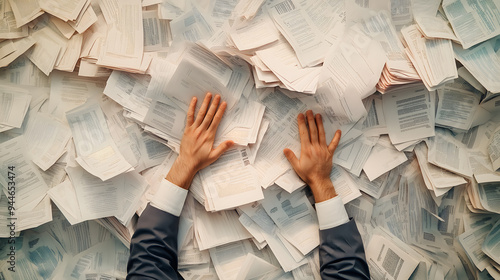 Overwhelmed businessman buried in paperwork, symbolizing stress and workload