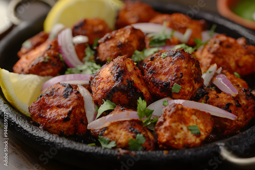 Sizzling tandoori Soya Chaap platter, smoky and charred soy protein marinated in spices, garnished with onions and lemon.