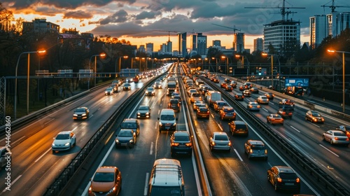 Cars on a busy highway with a beautiful sunset in the background, representing urban commute and modern life.