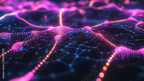 close-up of complex neural network visualization, featuring glowing nodes and vibrant colors in a digital landscape