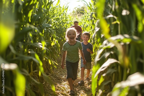 Children joyfully exploring a corn maze during a sunny afternoon in the countryside