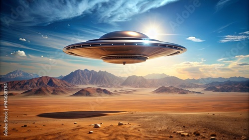 A UFO hovering over a vast desert landscape, desert, UFO, unidentified flying object, extraterrestrial, surreal