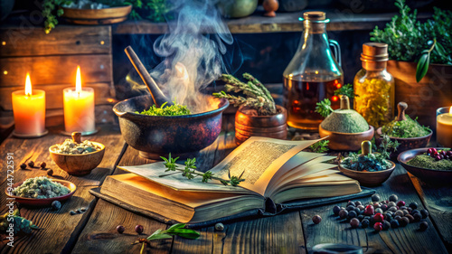 Ancient Book And Herbs In A Mystical Setting.