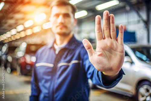 Mechanic In Garage With Hand Raised, Stop Gesture, Safety First.