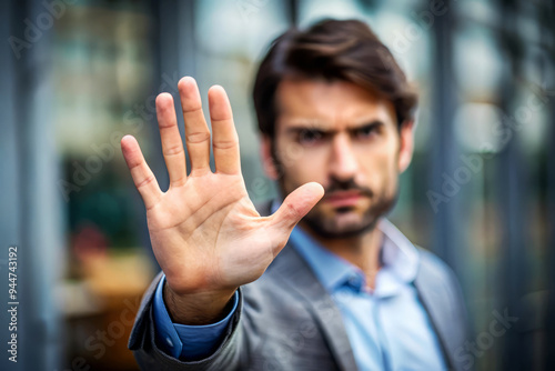 Man Showing Stop Sign With Hand. Businessman Saying No.