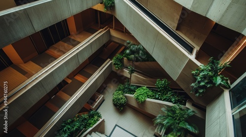 Concrete and greenery in a modern building interior