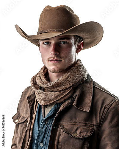 Portrait of a Young and Handsome Cowboy in 1900s Clothing Vintage Western Style