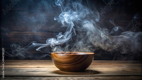 Smoke rising from wooden bowl on dark background, adding a touch of magic and mystery, mystical, exotic