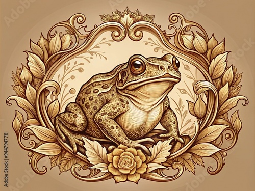 Vintage Amphibian Emblem: Retro, Art Nouveau, Sepia Tones, Ornate Toad, Floral Elements