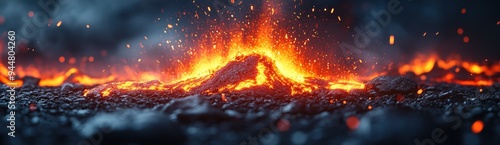 A close-up view of a volcanic eruption with molten lava flowing and sparks flying into the air.