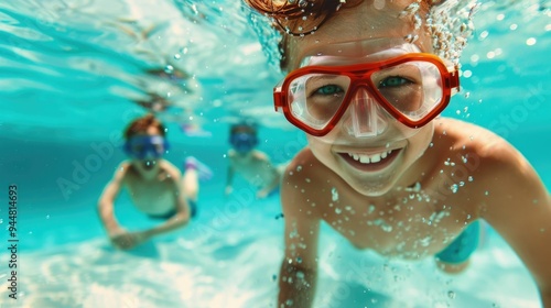 Joyful Underwater Swimming Games with Playful Children Diving and Splashing in the Vibrant Ocean A scene of pure delight as young adventurers explore the wondrous depths