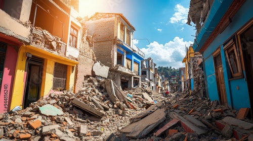 Earthquake aftershocks, crumbling buildings, and shaking ground, under bright sunlight