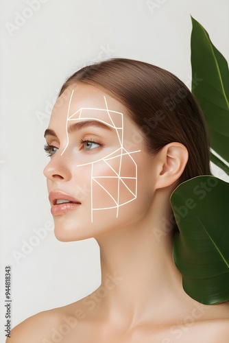 Woman with perfect skin after cosmetic treatment with lifting arrows on her face on light background with copy space. Rhytidectomy procedure, facelift surgery, anti age treatment