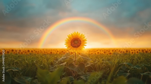 Single sunflower facing the sun with a glowing rainbow arcing over a vast green field at sunset representing optimism and perseverance