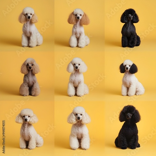 Diverse Poodle Dog Breeds in Studio with Soft Yellow Background