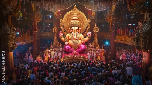 Grand view of Lalbaugcha Raja Ganapati Bappa, worshipped by devotees in a vibrant, festive atmosphere during Ganeshotsav.