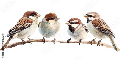 Watercolor illustration of Old World sparrows a family of small passerine birds isolated on a white background