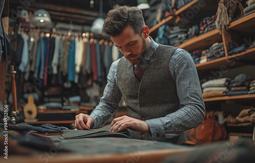 An atelier business workstation where a suitmaker creates custom sartorial clothes