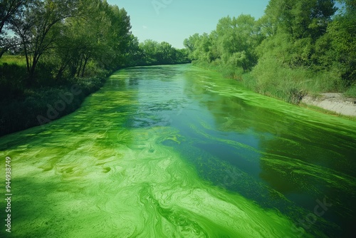 Green algae covering river water in summertime