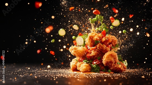 A dynamic and colorful shot of fried food, including vegetables, scattered in mid-air with vibrant sparks and seasoning against a dark backdrop.