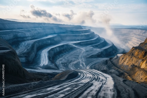 Open pit coal mining creating pollution under cloudy sky