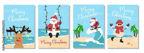 Set of Christmas at the beach, holidays cards. Tropical Christmas greeting card set with cute Santa Claus, deer and sandman.