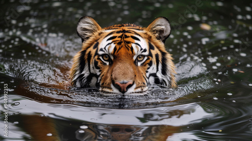 Angry tiger,Sumatran tiger, beautiful animal and his portrait. Amur tiger walking in river water. Danger animal, tajga, Russia. Animal in green forest stream. Grey stone. The Siberian tiger