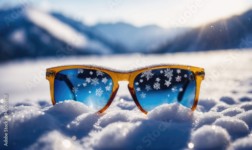 Sunglasses sit on a bed of snow in a mountainous landscape