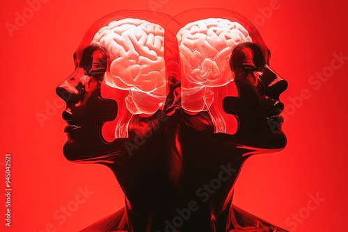 Silhouette of two human profiles with brain imagery representing the duality of thought and the contrast between rational and emotional processing in a stark red backdrop