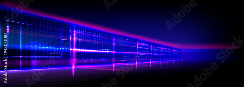 Data center background. Vector realistic illustration of abstract computer network, information storage equipment, crypto blockchain technology, ai system, neon blue and pink light on black background