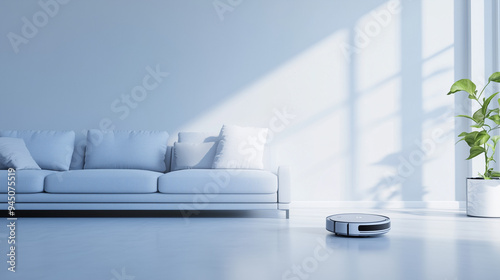 Robot vacuum cleaning a minimalist living room with a modern sofa, bright natural light, and green houseplant