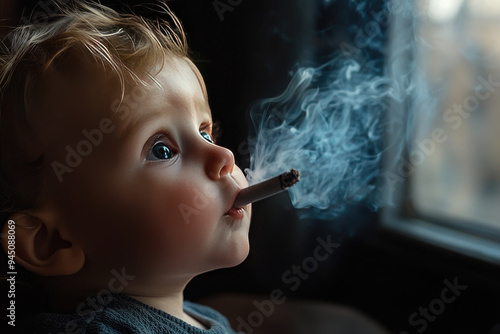 The boy holds a lit cigarette, smokes and does not understand what it can lead to at a young age. Parents created a danger for the child.