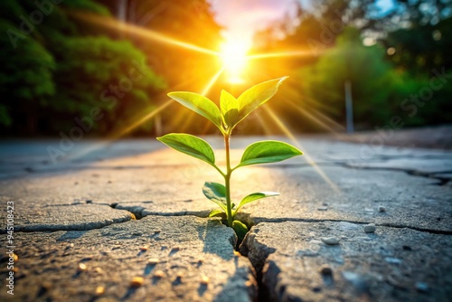 A flourishing green plant sprouts from a cracked concrete floor, symbolizing rapid growth and resurgence, with bright sunlight casting a warm, optimistic glow.