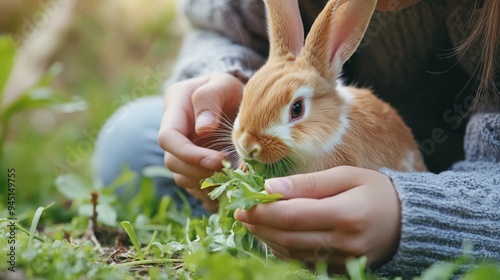 A person and their pet rabbit sitting together in a garden, with the rabbit munching on greens and the person showing a loving gaze