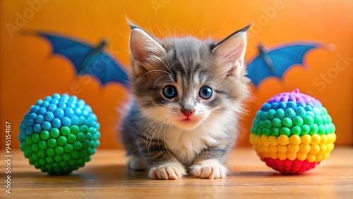 Adorable little ball of fluff enthusiastically pounces and bats at a colorful soft toy, capturing the carefree joy and innocence of childhood playtime.