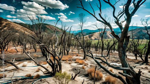 A stark landscape reveals the remnants of a forest fire, featuring charred trees and dry grass against a backdrop of rolling hills and a vibrant sky with fluffy clouds