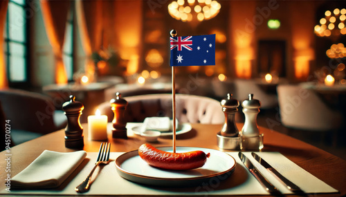 A single sausage on a plate with a small Australia flag in a cozy, dimly lit restaurant setting, symbolizing cuisine and culture in a refined dining atmosphere